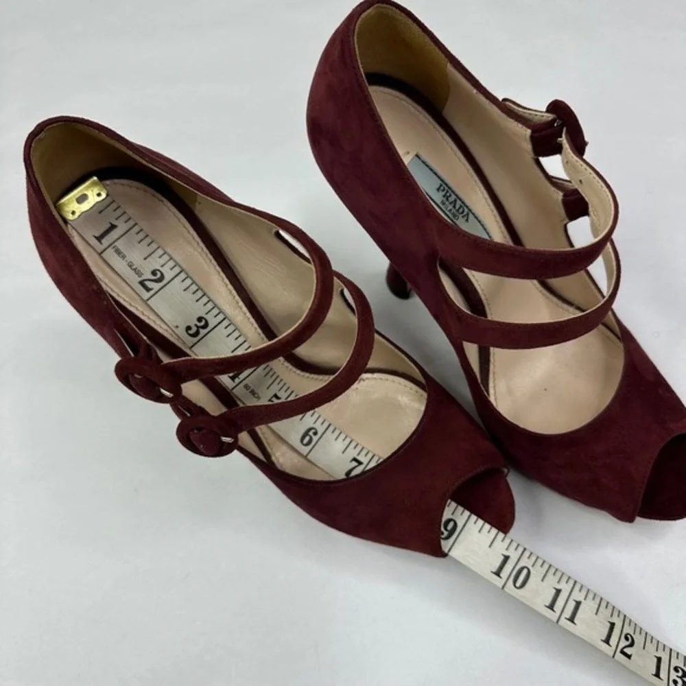 Prada Burgundy Suede Double Strap Mary Jane Peep Toe Platform‎ Heels Size 37.5